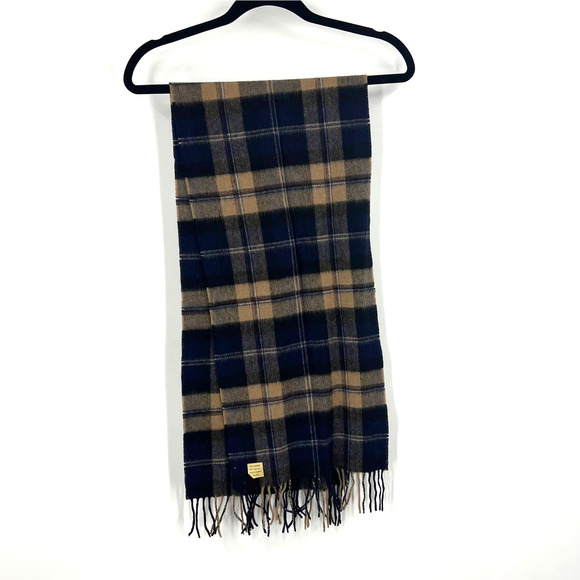 Vintage Warm Winter Scarf 100% Cashmere Plaid Blue Tan Fringe Unisex One Size - Picture 1 of 5